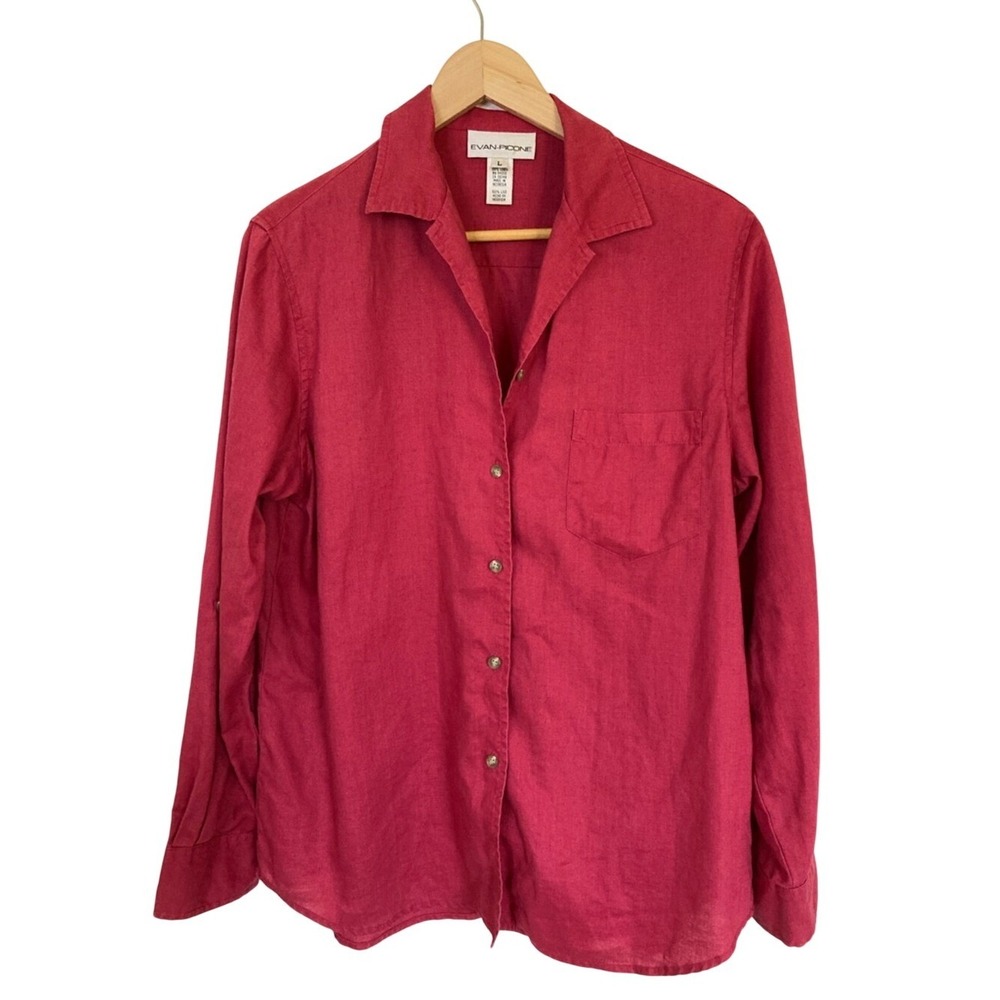 Evan Picone Womans Raspberry-Red Button Front Linen Shirt Size‎ Large Classic